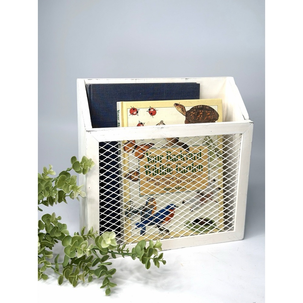 Vintage White Wood Tabletop Magazine Holder, Wall Mounted Office Mail Rack